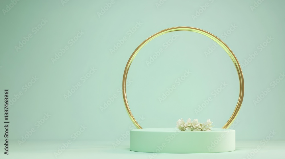 Pastel green podium with golden circle, for product display Pastel green podium with golden circle, for product display