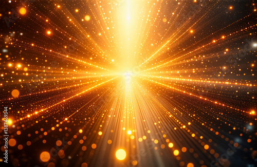 A burst of golden light radiates outward from a central point, creating a dynamic and energetic scene with bokeh lights and glowing lines.