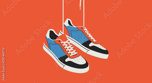 Colorful sneakers hanging against a vibrant orange background  