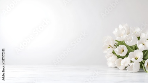 A bouquet of white tulips rests on a white surface. The tulips are softly lit, creating a serene atmosphere. The image is high-resolution, with a clean, minimalist aesthetic. The predominantly white