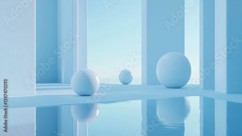 futuristic abstract blue background featuring smooth 3D geometric shapes with soft reflections