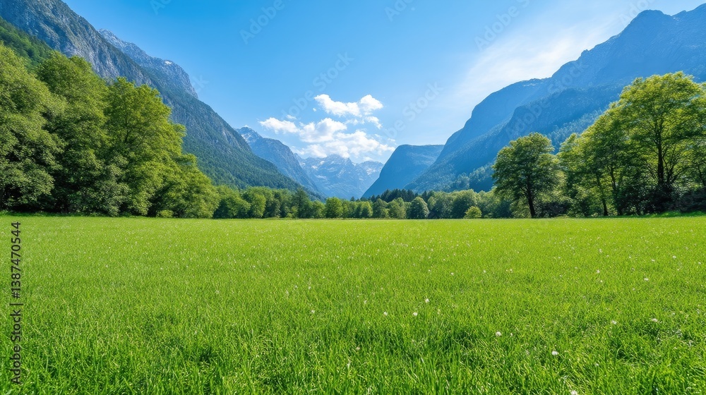 A vibrant green field stretches to imposing mountains under a clear blue sky. Lush trees line the fields edge, framing the valley. The image boasts high resolution and excellent lighting, showcasing A vibrant green field stretches to imposing mountains under a clear blue sky. Lush trees line the fields edge, framing the valley. The image boasts high resolution and excellent lighting, showcasing