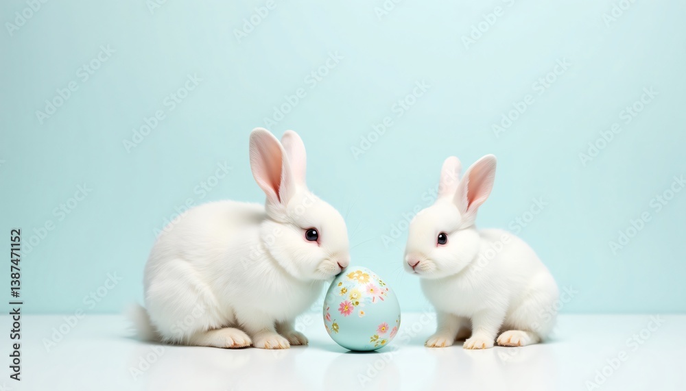 Obraz premium Two Adorable White Rabbits Investigating a Decorated Easter Egg on a Light Blue Background