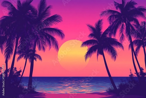 A dreamy tropical sunset scene with silhouetted palm trees, calm ocean waves, and a glowing sun against a vivid pink, purple, and orange sky—radiating retro, vaporwave vibes.