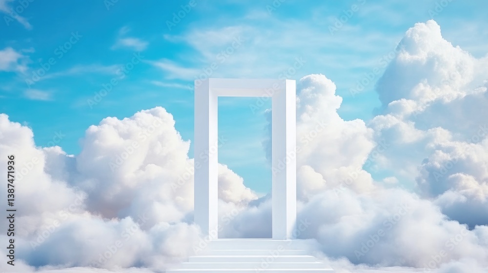 White Portal in Cloudscape, Minimalist Aesthetic, High-Resolution Render, Front View, Clean Lines, Spiritual Transition, Heavenly Background, Serene Bright Tones, Ideal for Fantasy Art White Portal in Cloudscape, Minimalist Aesthetic, High-Resolution Render, Front View, Clean Lines, Spiritual Transition, Heavenly Background, Serene Bright Tones, Ideal for Fantasy Art