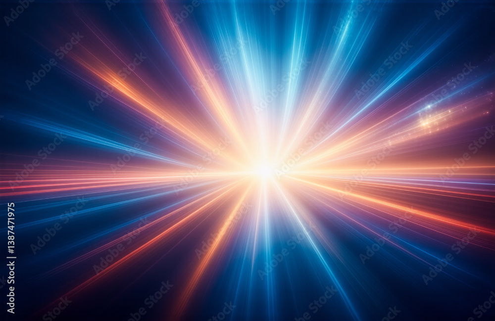 Obraz premium Dynamic abstract image of blue and orange light rays bursting outwards from a central point, creating a sense of energy and motion.