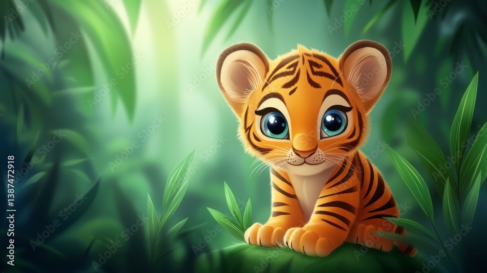 Fototapeta premium One cartoon tiger cub figure with stripes and bright eyes on a jungle background.