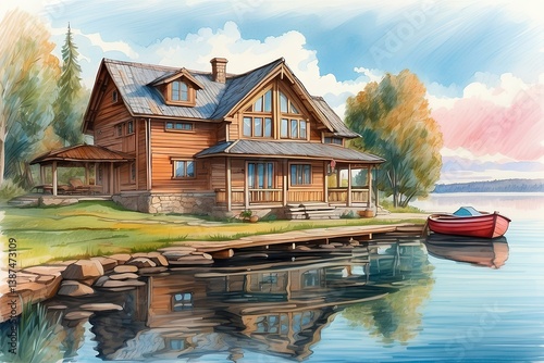 Sketch of a house in nature. Pencil multi-colored strokes.