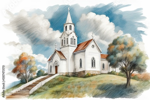 Church on a hill in warm colors. Color sketch.