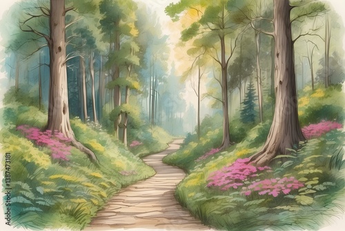 Path in the forest in warm colors. Color sketch.