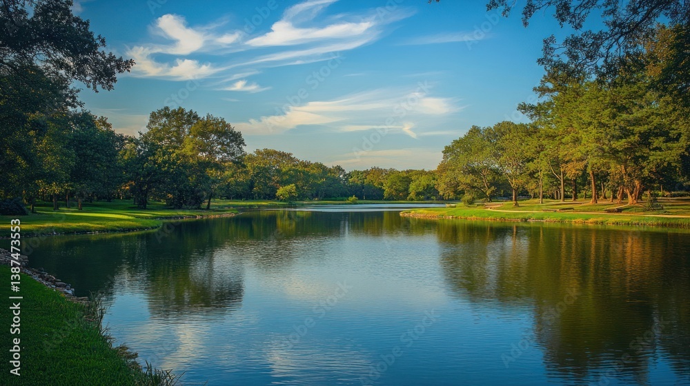Obraz premium Serene Lakeside Park: A Tranquil Escape in Nature's Embrace
