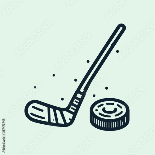 Hockey stick and puck illustration in minimalistic style on light background for sports branding and copy space
