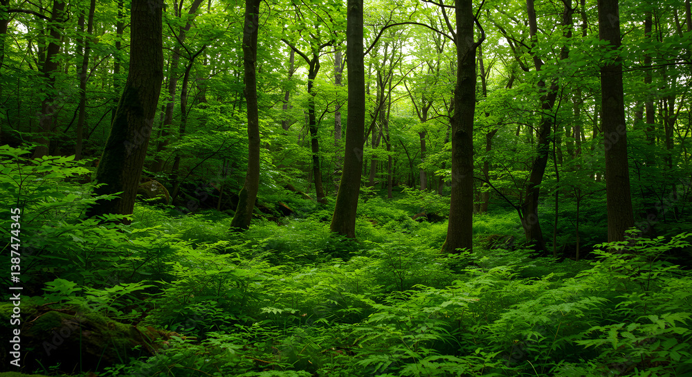 Obraz premium Dense Green Forest Sunlight