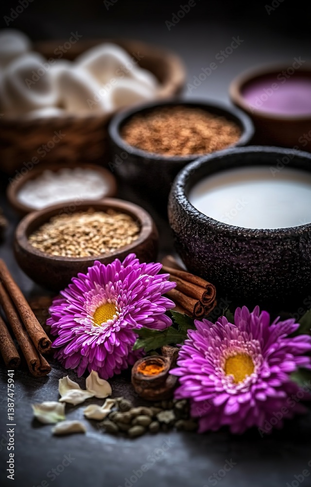 A table with a variety of items including bowls of milk, flowers, and spices. A table with a variety of items including bowls of milk, flowers, and spices.