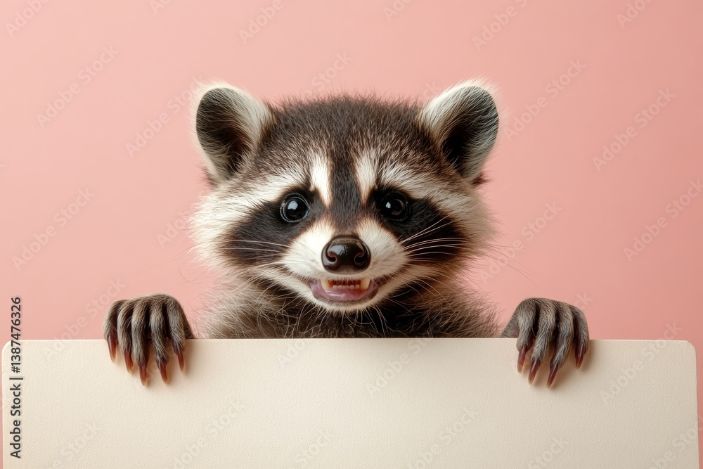 Obraz premium Isolated baby animal on a solid uniform pink background. Pet with marketing sign. Fun studio beast promo. Cute baby animal raccoon hold in front paws a layout - large white zoo sign.