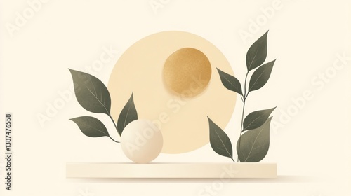 Abstract display of spheres and leaves. Minimalist scene.  Possible use in design