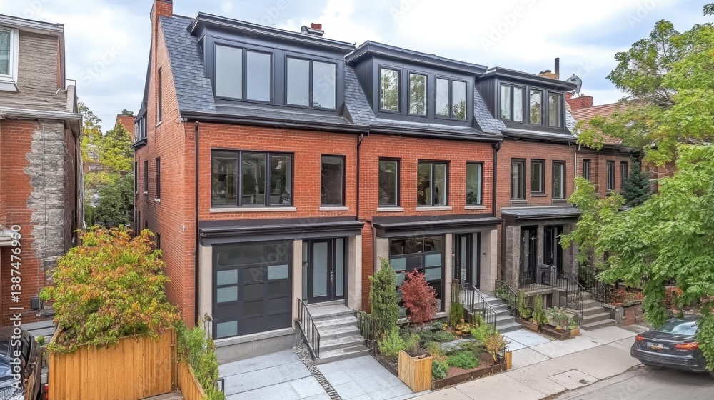 Naklejka premium Three-story modern townhouse with rooftop terrace, minimalist styling and urban vibe.