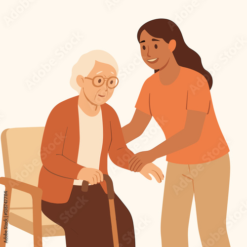Elderly woman receiving assistance from a caring young woman  