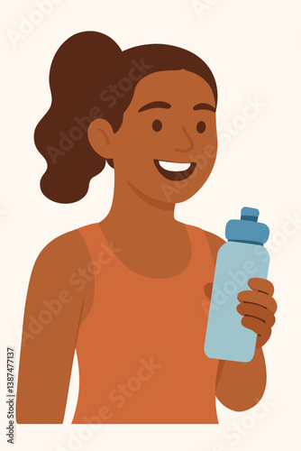 Smiling athlete holding a water bottle against a plain background  