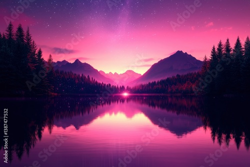Sunset reflecting on lake water surrounded by forested mountains. Digital art
