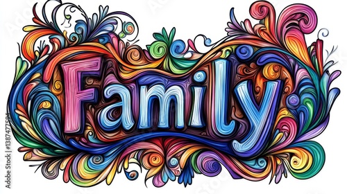 This vibrant artwork features the word 'Family' adorned with colorful swirls and whimsical designs, celebrating the joy and love shared among family members.