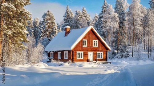 View of a Scandinavian cottage with minimalist design in a snowy forest setting.