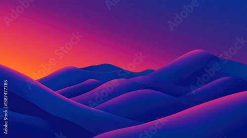 Abstract landscape, soft hills, and vibrant sunset sky. Background art use
