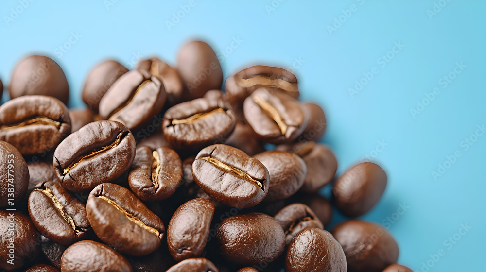 Close-Up of Roasted Coffee Beans Cooling on Blue Background Close-Up of Roasted Coffee Beans Cooling on Blue Background