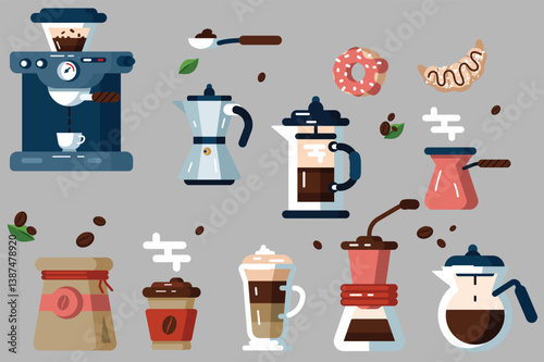 set of icons coffee maker, coffee beans, coffee beans, coffee beans, coffee beans, coffee beans,