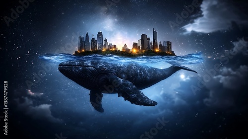 A surreal scene of a whale swimming beneath a city skyline floating on water at night