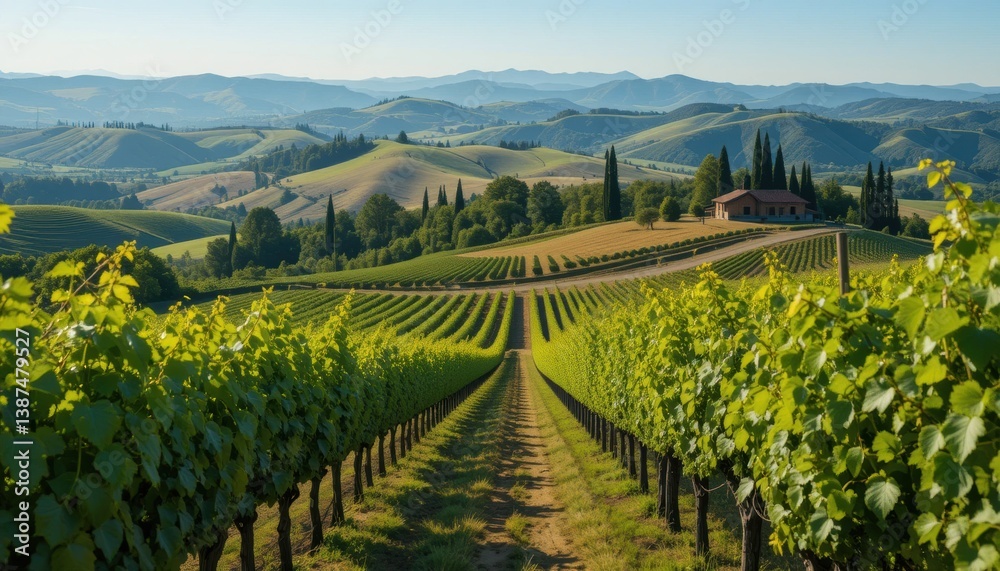 Naklejka premium Serene Vineyard Landscape Rolling Hills, Lush Grapevines, and Sunny Skies