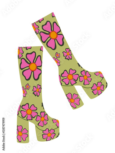 Retro 70s platform boots with bold pattern, floral groovy design. Colorful vintage footwear illustration perfect for fashion and nostalgia themes. Vector illustration isolated, transparent background