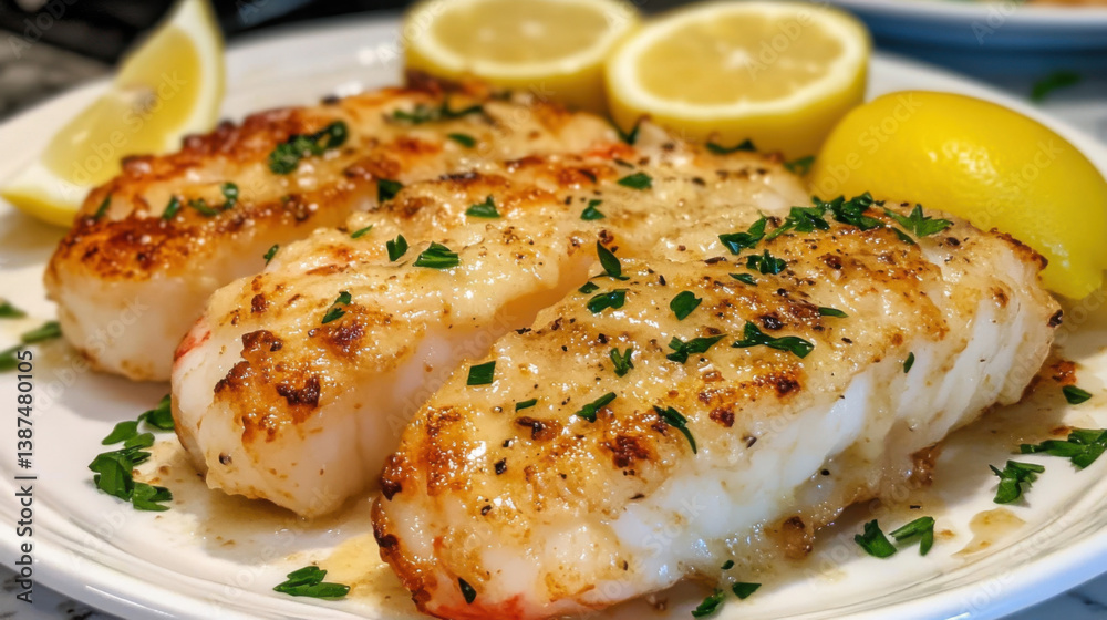 Close up of three cooked cod fillets on a white plate garnished with lemon wedges and fresh herbs Close up of three cooked cod fillets on a white plate garnished with lemon wedges and fresh herbs