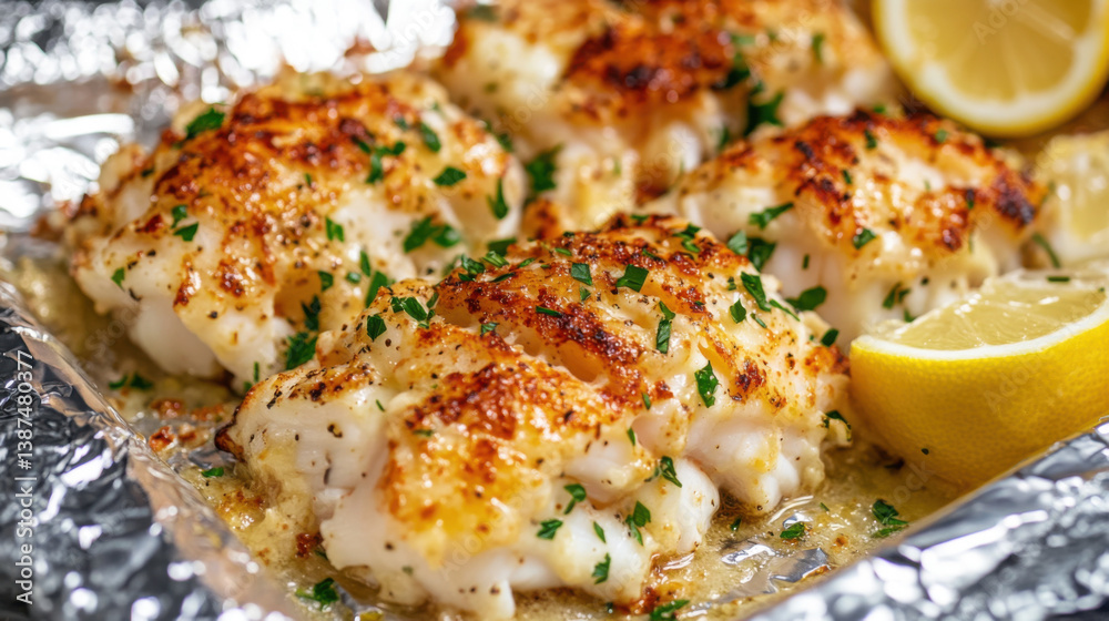 Close up of baked fish fillets with lemon wedges and parsley garnish on aluminum foil surface Close up of baked fish fillets with lemon wedges and parsley garnish on aluminum foil surface