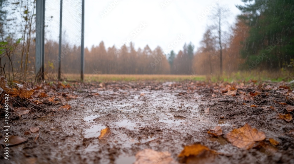 Fototapeta premium Muddy path through autumnal forest. Fallen leaves cover a wet, uneven dirt track leading through a blurred woodland