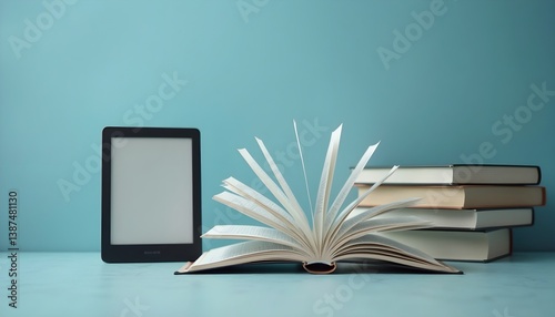 Open book and e-reader on blue desk photo