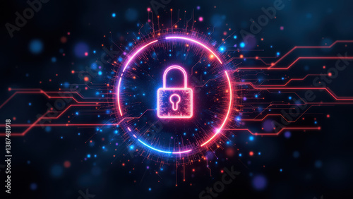 Wallpaper Mural A modern cyber security logo featuring a digital lock and shield with vibrant neon colors of blue, pink, red, and yellow. Torontodigital.ca