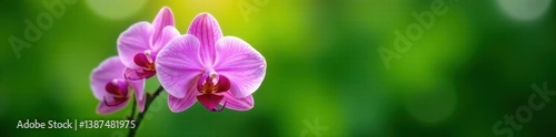 Delicate single orchid bloom, vibrant petals, lush green background, pink, single