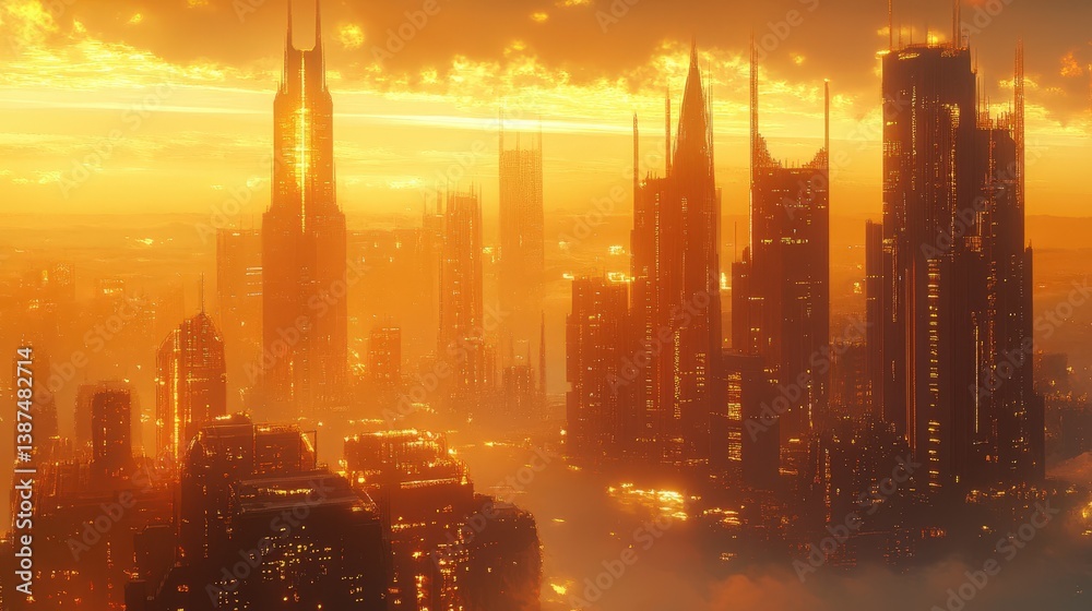 Fototapeta premium A futuristic city skyline bathed in golden light, creating a surreal and dreamy atmosphere