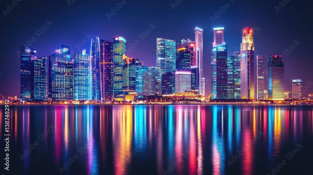 Fototapeta premium A futuristic city skyline illuminated by neon lights, towering skyscrapers reflecting on the water.