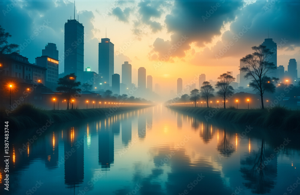Fototapeta premium Urban cityscape reflects in calm river under colorful dusk sky. City skyline glows with lights, creating tranquil scenic view.