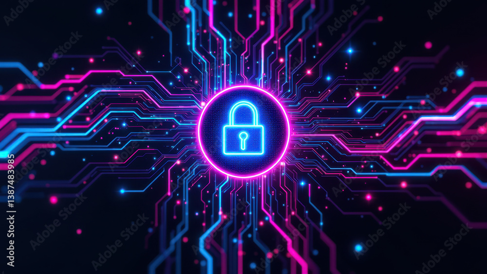 Obraz premium A vibrant cyberlock graphic with a digital lock and colorful neon circuit patterns.