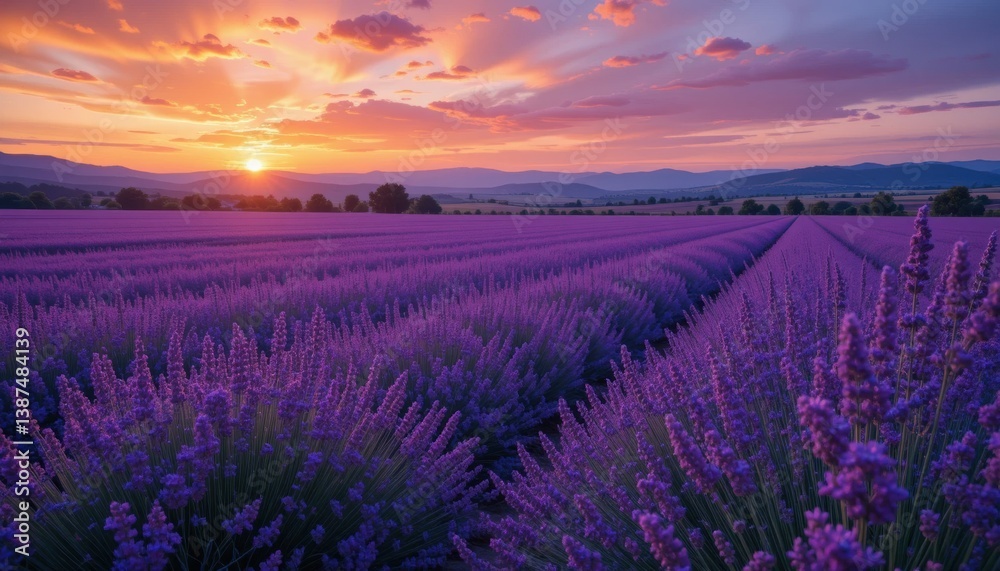 Obraz premium Breathtaking Sunset over a Vibrant Lavender Field A Serene Landscape Photography