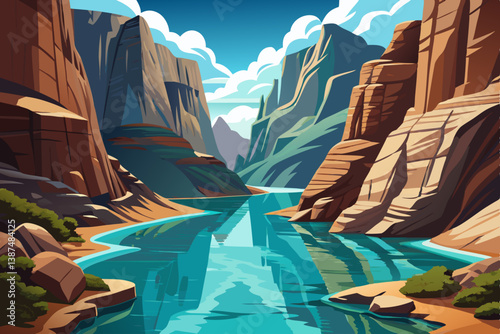 Narrow canyon lake landscape with towering cliffs, vector background 