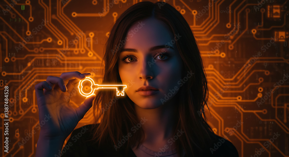 Fototapeta premium Young Woman Holding Glowing Key Digital Technology Concept Cybersecurity