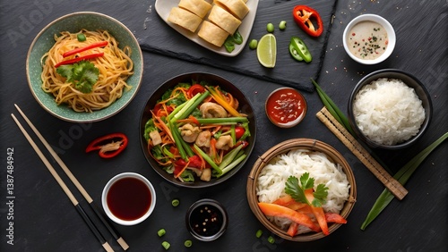 Asian cuisine top-down view with black slate background.