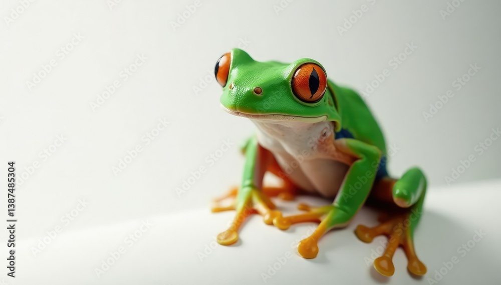 Obraz premium Green tree frog perched on white, vibrant skin, bright, texture