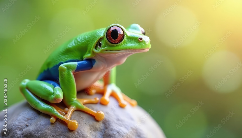 Obraz premium Green tree frog perched on white, vibrant skin, white background, green, animal