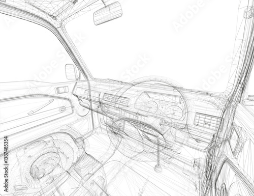 The interior of a car is shown with a white car and a black steering wheel. The dashboard is also black. The car is parked and the driver is not visible