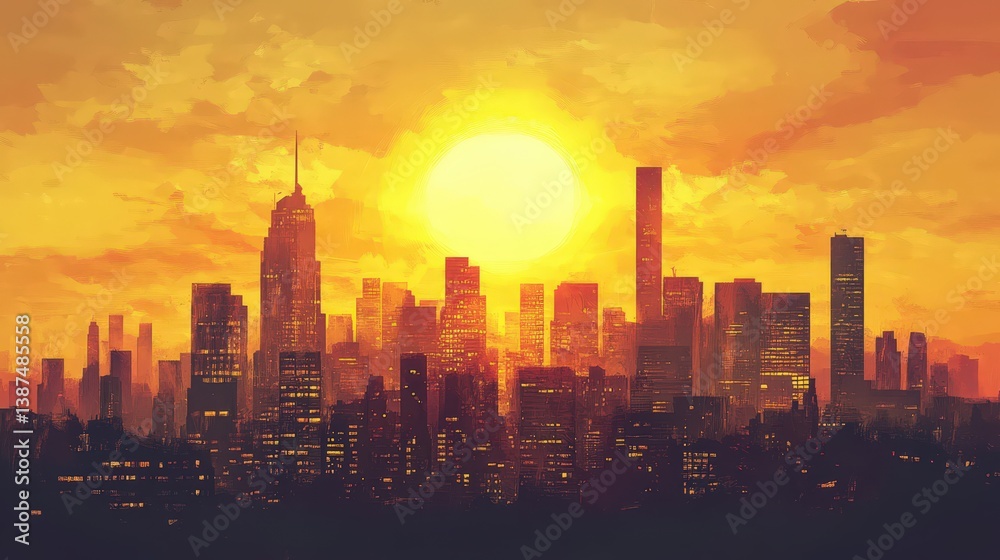 A glowing sun setting behind the silhouette of a city skyline, painting the sky in golden hues. A glowing sun setting behind the silhouette of a city skyline, painting the sky in golden hues.